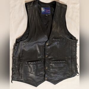 Vance Leathers Size Lg Black Leather Motorcycle Vest Lace Up Sides Snap Biker